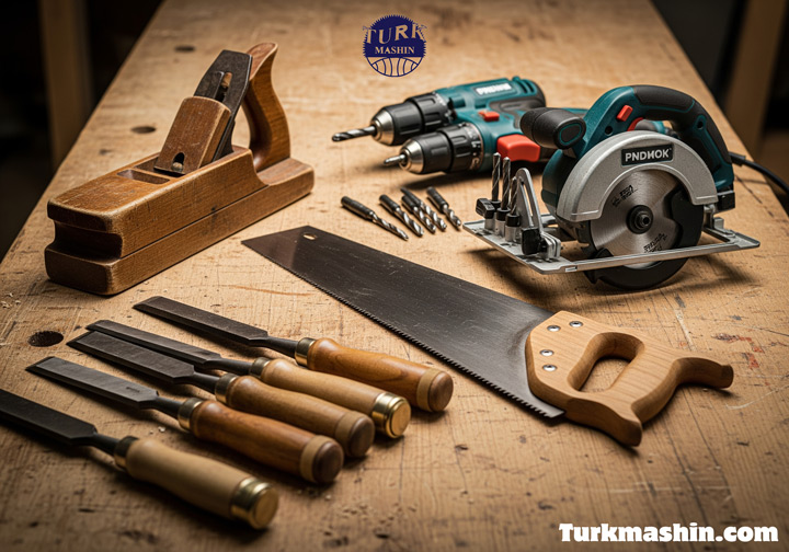 مجموعه‌ای از ابزارهای ضروری نجاری شامل ابزار دستی مانند اره و مغار و ابزار برقی مانند دریل و اره گردبر.