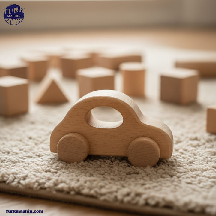 یک ماشین اسباب‌بازی چوبی دست‌ساز از جنس چوب راش صیقلی که روی قالیچه نرم و بژ اتاق کودک قرار دارد. لبه‌های گرد و ایمن، پوشش چوب طبیعی، پس‌زمینه محو شامل مکعب‌های چوبی، حس گرم و نوستالژیک، عکاسی ماکرو.