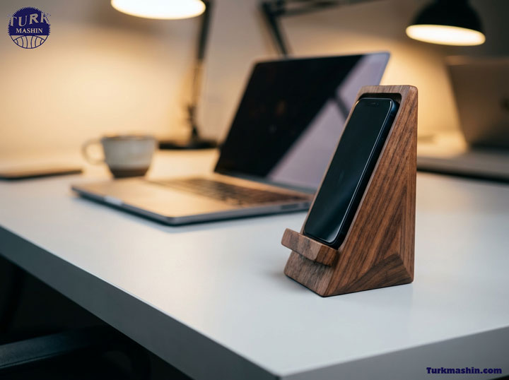 یک پایه نگهدارنده موبایل مینیمال از چوب گردو روی یک میز کار مدرن و مرتب. طراحی هندسی شیک، همراه با یک لپ‌تاپ و فنجان قهوه که در پس‌زمینه محو شده‌اند، نورپردازی گرم اداری، نمای سینمایی، جزئیات بالا، تمرکز بر بافت چوب، طراحی ارگونومیک.