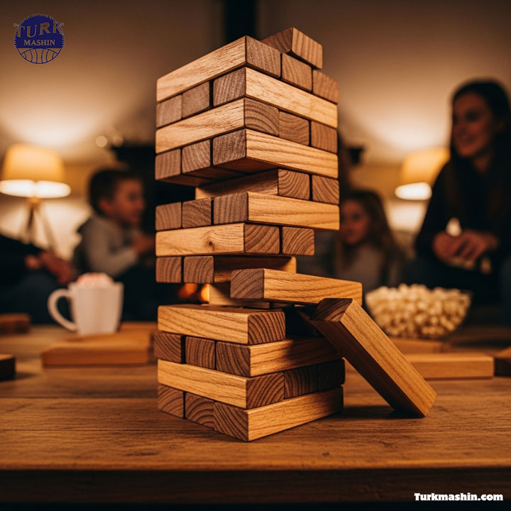 یک بازی برج تعادل چوبی غول‌پیکر (به سبک جنگا) ساخته‌شده از بلوک‌های چوب سخت باکیفیت که روی میز جلو مبلی چیده شده است. حال و هوای شب‌نشینی و بازی خانوادگی، نورپردازی گرم و دنج، نمای زاویه پایین، تمرکز بر بافت بلوک‌ها.