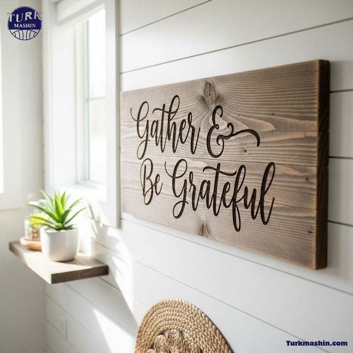 یک تابلوی دیواری چوبی که یک جمله الهام‌بخش با خوشنویسی زیبا و ظریف روی آن با لیزر حکاکی شده است. سبک روستیک و مزرعه‌ای، آویخته بر دیواری با نمای تخته‌ای سفید، اتاقی روشن و دلباز، وضوح بالا، عکاسی دکوراسیون داخلی.