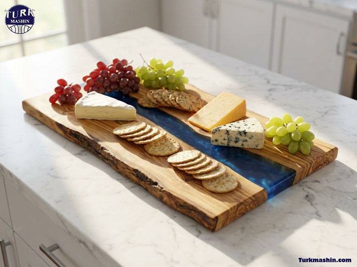 یک تخته سرو لوکس از چوب زیتون با لبه‌های طبیعی و طرح رودخانه‌ای از رزین اپوکسی آبی تیره، که با پنیرهای دست‌ساز، انگور و کراکر تزیین شده است. این تخته روی پیشخوان مرمر آشپزخانه قرار گرفته و نور ملایم و طبیعی خورشید از کناره به آن می‌تابد؛ با وضوح 8k، عکاسی واقع‌گرایانه از غذا و عمق میدان کم