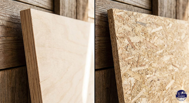 یک تصویر دو قسمتی. سمت راست، یک ورق خام نئوپان با بافت درشت و خرده‌چوب‌های مشخص را نشان می‌دهد. سمت چپ، یک ورق خام تخته‌سه‌لا که لایه‌های چوبی آن در لبه برش‌خورده به وضوح دیده می‌شود.