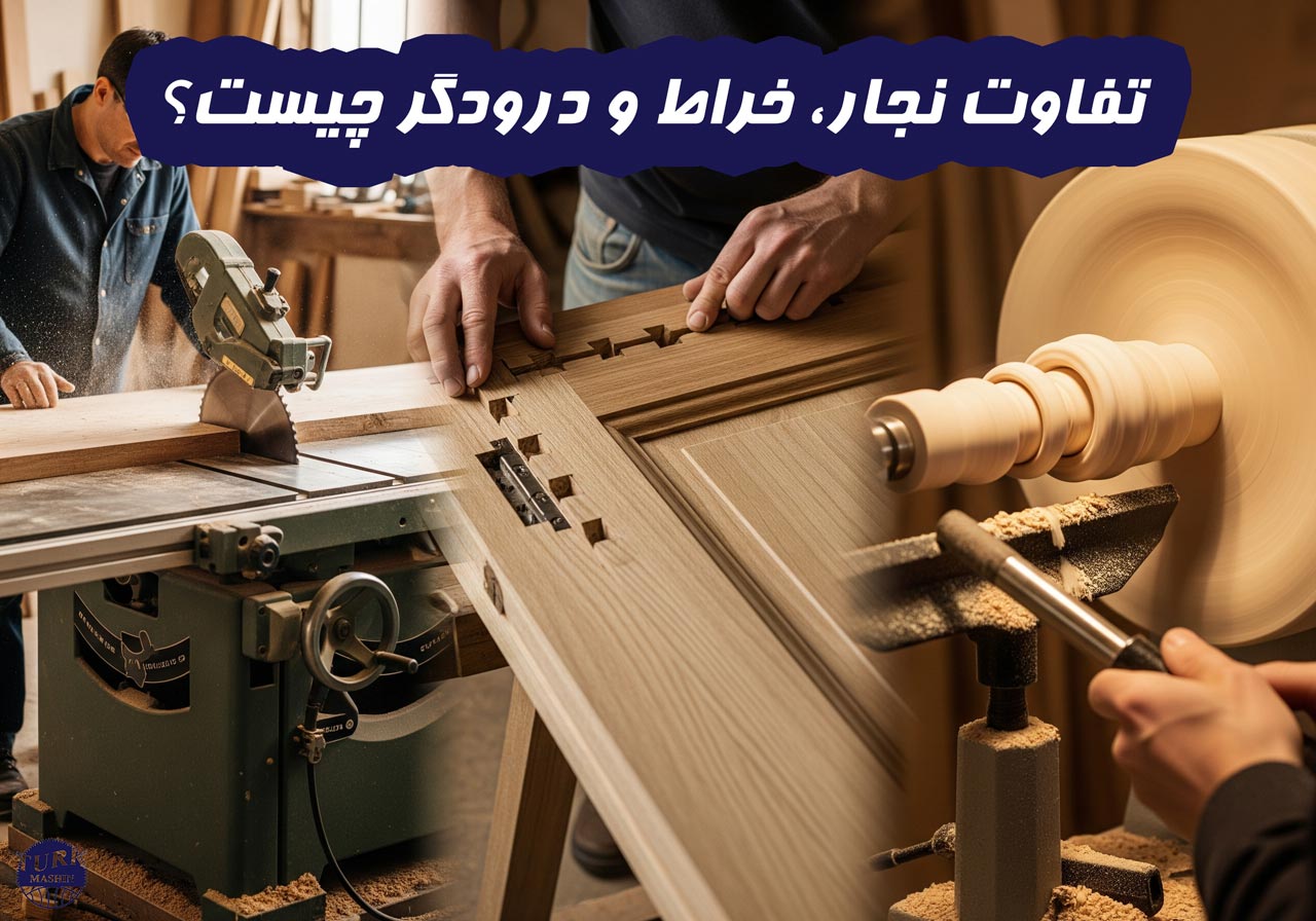 تصویر جامع از کارگاه چوب: نجار، درودگر و خراط در حال کار برای نمایش تفاوت نجاری، درودگری و خراطی