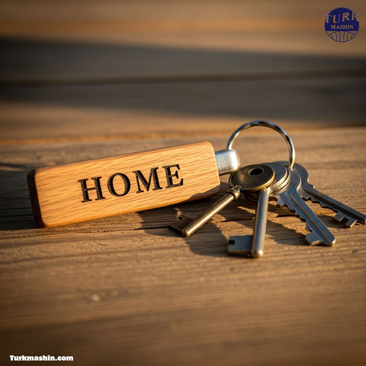 یک جاکلیدی چوبی سفارشی از جنس بلوط که کلمه «HOME» روی آن حک شده و به دسته‌ای از کلیدهای فلزی متصل است. قرار گرفته روی سطح میز چوبی روستیک، عمق میدان کم، فوکوس دقیق روی حکاکی، نورپردازی ساعت طلایی.