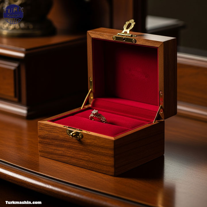 یک جعبه جواهرات شیک و دست‌ساز از چوب ماهون با لولاهای برنجی، با درِ باز که آستر مخمل قرمز و یک انگشتر طلا در داخل آن نمایان است. قرار گرفته روی میز آرایش چوبی، نورپردازی دراماتیک و تیره، بافت غنی چوب، نمای نزدیک.