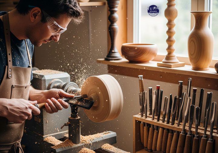 خراط در حال کار با دستگاه خراطی و مغار، نمایش فرآیند شکل‌دهی به چوب و محصولات نهایی خراطی