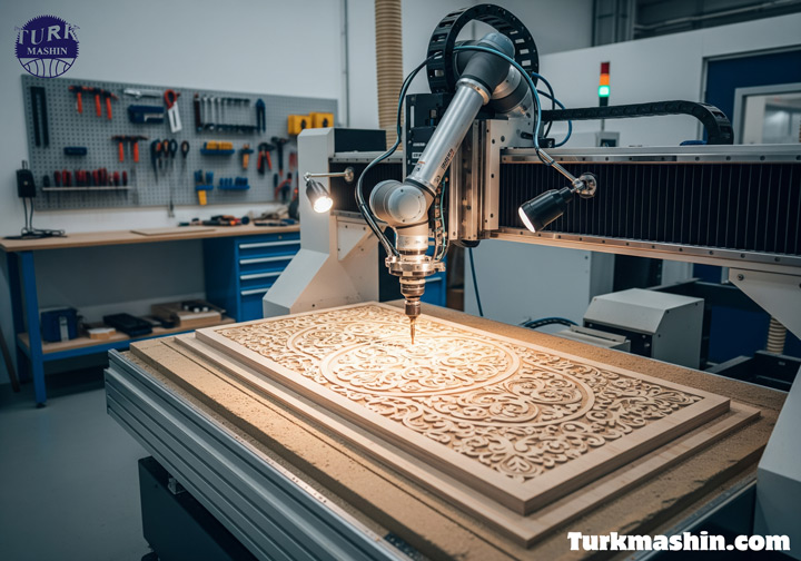 دستگاه CNC مدرن در حال برش دقیق و پیچیده یک طرح روی چوب.