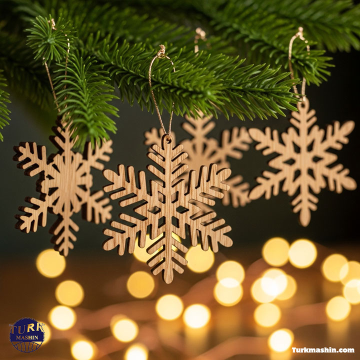 یک ست آویزهای کریسمس چوبی و دست‌ساز به شکل دانه‌های برف که از یک شاخه کاج سبز آویزان شده‌اند. ریسه‌های نورانی در پس‌زمینه جلوه بوکه ایجاد کرده‌اند؛ حال و هوای جشن، رنگ‌های گرم و نمای نزدیک.