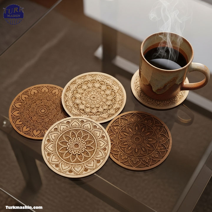 یک ست ۴ تایی زیرلیوانی چوبی گرد با طرح‌های ماندالای حکاکی‌شده با لیزر که روی میز جلو مبلی شیشه‌ای و در کنار یک ماگ سرامیکیِ در حال بخار کردن قرار گرفته‌اند. حال و هوای دنج صبحگاهی، نمای از بالا (تخت)، جزئیات دقیق، پالت رنگی گرم.