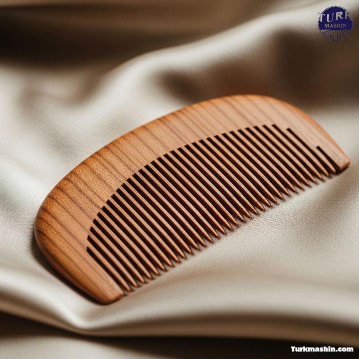 یک شانه موی دست‌تراش و ممتاز از چوب صندل با دندانه‌های ظریف که روی یک تکه پارچه ابریشمی قرار گرفته است. حال و هوای اسپا و آرامش، نور طبیعی ملایم، عکس محصول مینیمال، با نمایش پرداخت صیقلی و رگه‌های چوبی