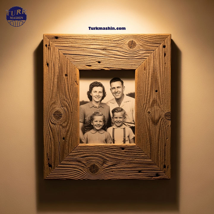 یک قاب عکس روستیک از جنس چوب انبار که شامل یک عکس خانوادگی سیاه و سفید است و روی دیواری به رنگ بژ آویخته شده. بافت طبیعی و فرسوده‌ی چوب، نورپردازی گرم فضای داخلی، سبک دکوراسیون منزل، حس واقع‌گرایانه و احساسی.