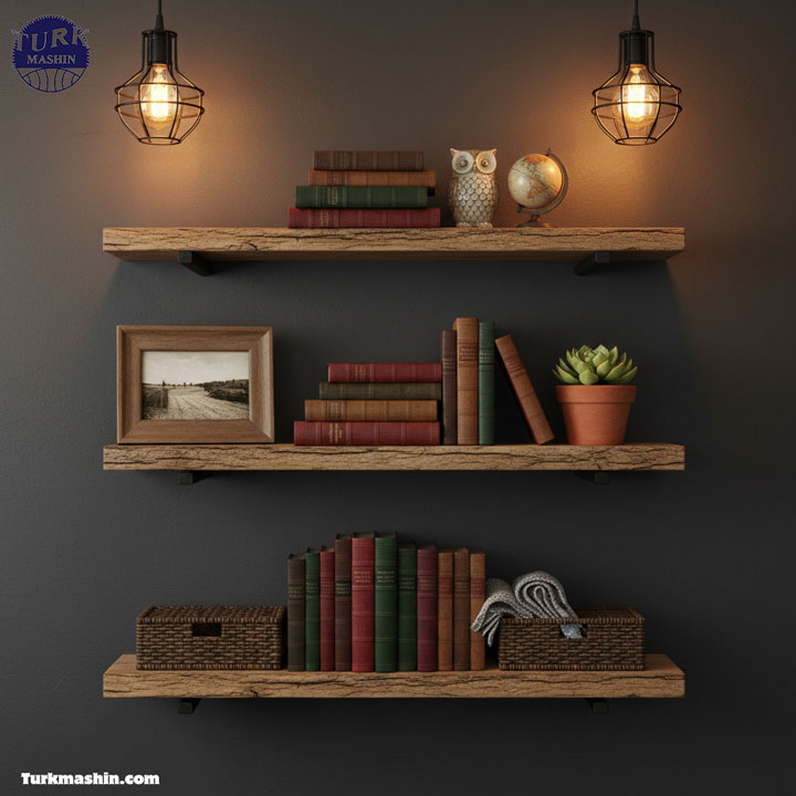 شلف‌های چوبی معلق با سبک روستیک که روی دیواری به رنگ خاکستری تیره نصب شده‌اند و شامل کتاب‌های چرمی قدیمی، یک گیاه ساکولنت کوچک و یک قاب عکس هستند. نورپردازی گرم تنگستن، فضای دنج خانگی، ترکیب‌بندی متقارن، کیفیت بالا.