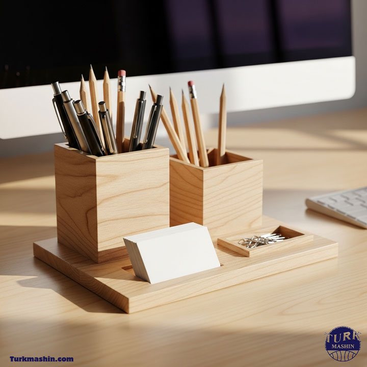 یک ست نظم‌دهنده رومیزی مدرن از جنس چوب افرا که خودکارها، مدادها و کارت‌های ویزیت را نگه داشته است. فضای کاری مرتب و منظم، مانیتور کامپیوتر محو در پس‌زمینه، محیط حرفه‌ای، نور ملایم روز، خطوط تمیز و ساده.