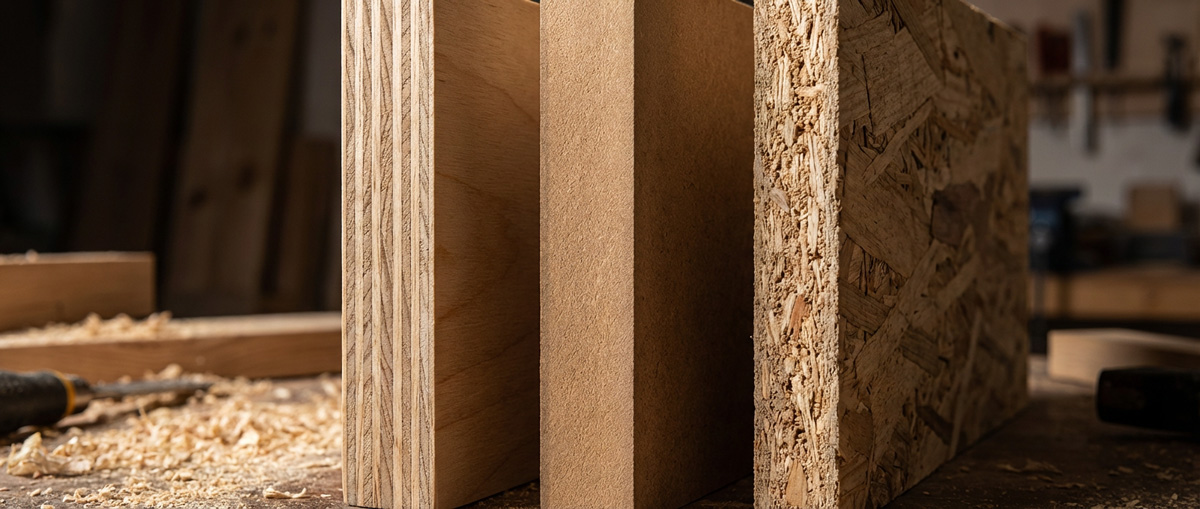 یک تصویر شاخص باکیفیت که برش عرضی سه ورق چوبی را در کنار هم نشان می‌دهد. از چپ به راست: تخته‌سه‌لا با لایه‌های مشخص، ام‌دی‌اف با بافت یکنواخت و متراکم، و نئوپان با خرده‌چوب‌های فشرده و قابل مشاهده.