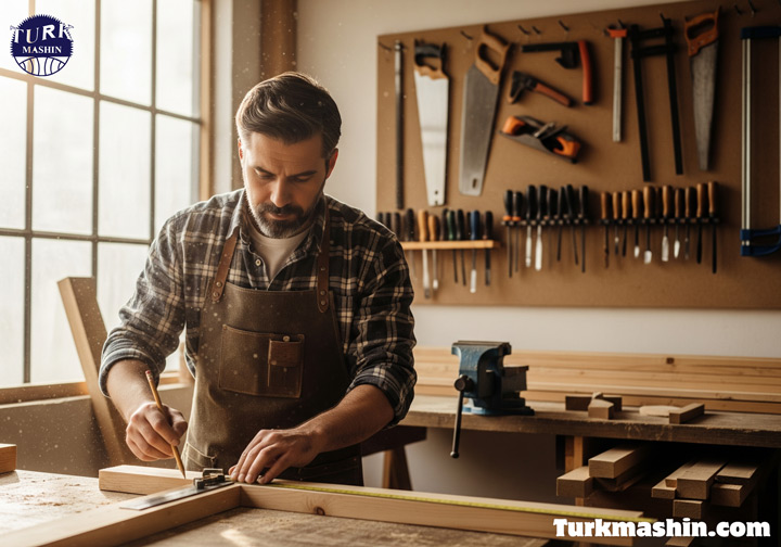 یک نجار ماهر در حال کار با دقت بر روی یک قطعه چوب در کارگاه نجاری خود.