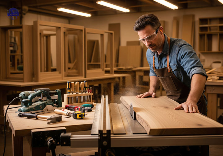 نجار در حال کار با اره میزی و ابزارهای نجاری، نمایش ساخت کابینت چوبی