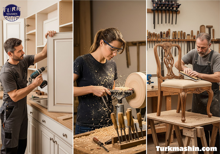 انواع شاخه‌های نجاری شامل کابینت‌سازی، مبلمان‌سازی و خراطی.