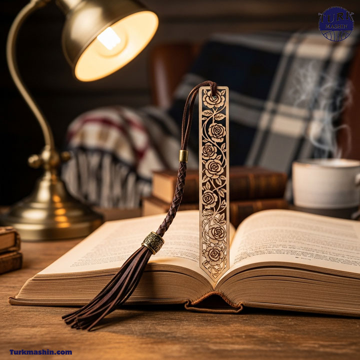 یک نشانگر کتاب چوبی نازک و ظریف با حکاکی طرح گل که درون یک کتاب جلد سخت قدیمی و باز قرار گرفته است. یک منگوله چرمی از آن بیرون زده، در فضای دنج گوشه مطالعه با نور گرم چراغ، عکاسی هنری، با جزئیات بسیار دقیق.