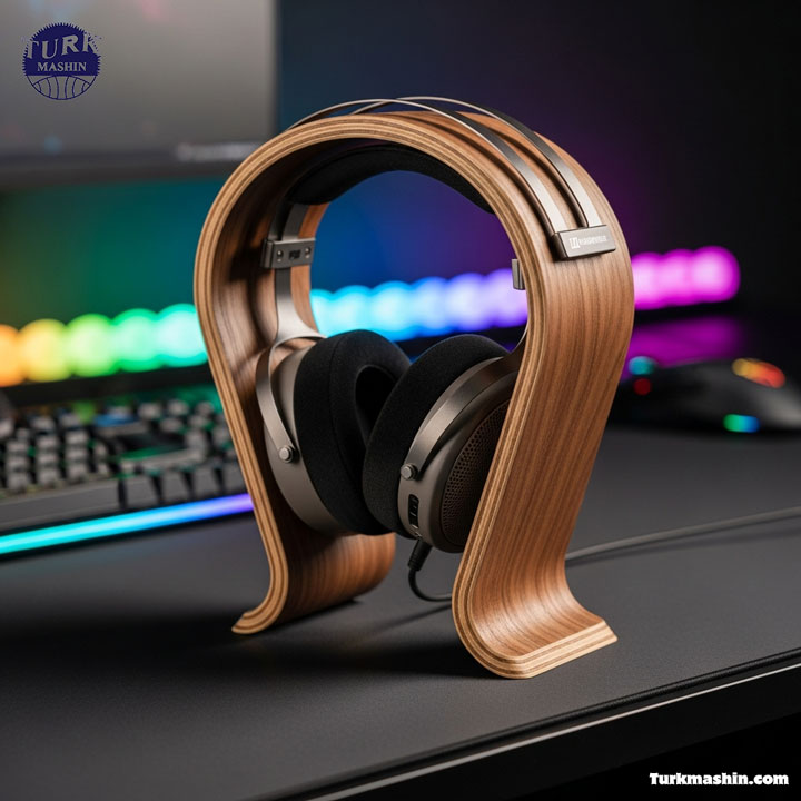 یک پایه هدفون شیک از چوب چندلایه‌ی خمیده با روکش گردو که یک هدفون دورگوشی رده‌بالا را نگه داشته است. چیدمان میز گیمینگ مدرن با نورپردازی RGB محو در پس‌زمینه، عکاسی محصول، تمیز و مینیمال.