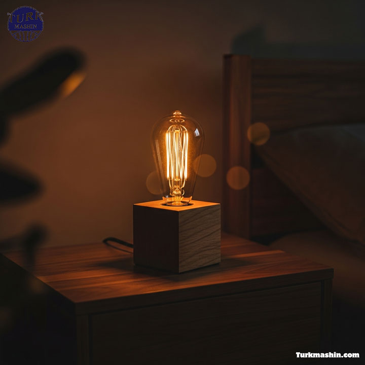 یک پایه چراغ چوبی مکعبی و مینیمال با لامپ ادیسونی بدون حباب که با نور کهربایی گرم می‌درخشد. قرار گرفته روی میز پاتختی چوبی، حال و هوای دنج اتاق خواب در شب، پس‌زمینه تیره و دراماتیک، نورپردازی سینمایی.
