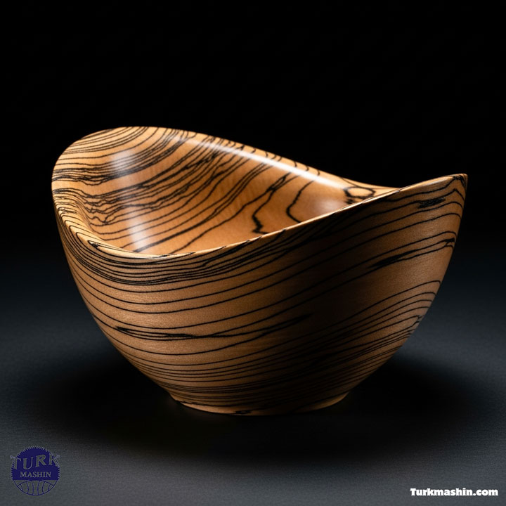 یک کاسه چوبی خراطی‌شده و هنری از جنس چوب افرای اسپالت با الگوهای خطی سیاه منحصربه‌فرد، که روی سطحی تیره قرار گرفته است. نورپردازی دراماتیک از کناره برای برجسته کردن انحنا و بافت، عکسی با کیفیت موزه‌ای، وضوح 8k.