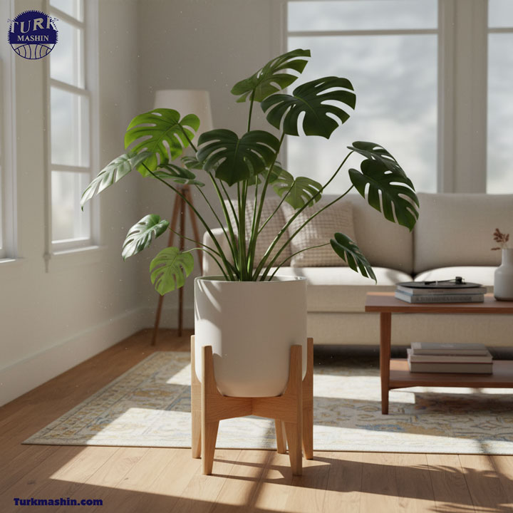 یک پایه گلدان چوبی با سبک مدرن میان‌قرنی از جنس بلوط روشن که یک گلدان سرامیکی سفید با گیاه برگ‌انجیری سرسبز را نگه داشته است. پس‌زمینه روشن اتاق نشیمن، سبک دکوراسیون داخلی دنج، نور خورشید و سایه‌ها، واقع‌گرایانه، وضوح 8k.