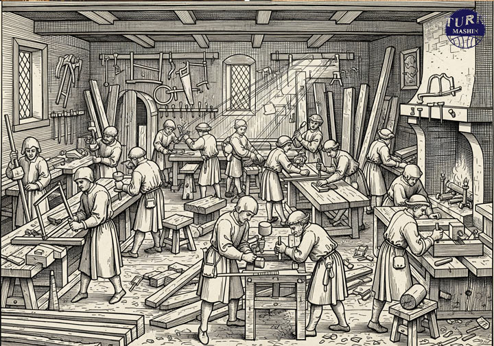 تاریخچه نجاری: سفری از ابزارهای سنگی تا ماشینهای CNC 3 تکامل نجاری در قرون وسطی و کارگاههای تخصصی