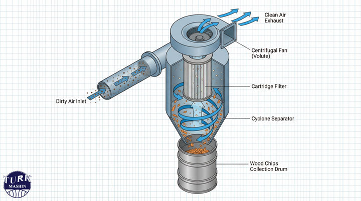 یک ایلوستریشن فنی و مهندسی از یک مکنده سیکلونی نجاری به صورت برش خورده (cutaway view) یا ایزومتریک، که داخل بدنه سیکلون کاملاً دیده شود. هوای آلوده به گرد و غبار از یک داکت افقی وارد بدنه استوانه‌ای سیکلون می‌شود، با فلش‌های جهت‌دار مسیر چرخش هوا را در داخل سیکلون نشان می‌دهند، تراشه‌های بزرگ به دیواره‌ها پرتاب شده و به سمت پایین درون بشکه یا مخزن فلزی سقوط می‌کنند، در حالی که ذرات ریزتر همراه هوا به سمت بالا به داخل یک فیلتر کارتریجی استوانه‌ای هدایت می‌شوند. در بالای سیکلون، فن سانتریفیوژ در یک محفظه مارپیچ (volute) نمایش داده شود.