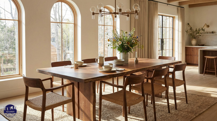 یک تصویر جذاب که یک میز ناهارخوری چوبی زیبا و خوش‌ساخت از جنس چوب گردو یا بلوط را در یک فضای داخلی شیک و نورانی نشان می‌دهد. در کنار میز، چند صندلی چوبی هماهنگ قرار گرفته باشد.