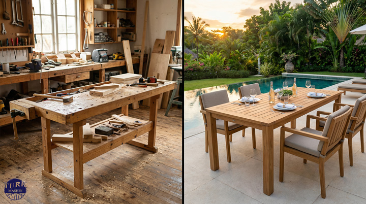 یک تصویر مقایسه‌ای از دو میز: سمت راست یک میز فضای باز زیبا از جنس چوب ساج (تیک) که در کنار استخر یا باغ قرار دارد و سمت چپ یک میز کارگاهی ساده و کاربردی از جنس چوب کاج.