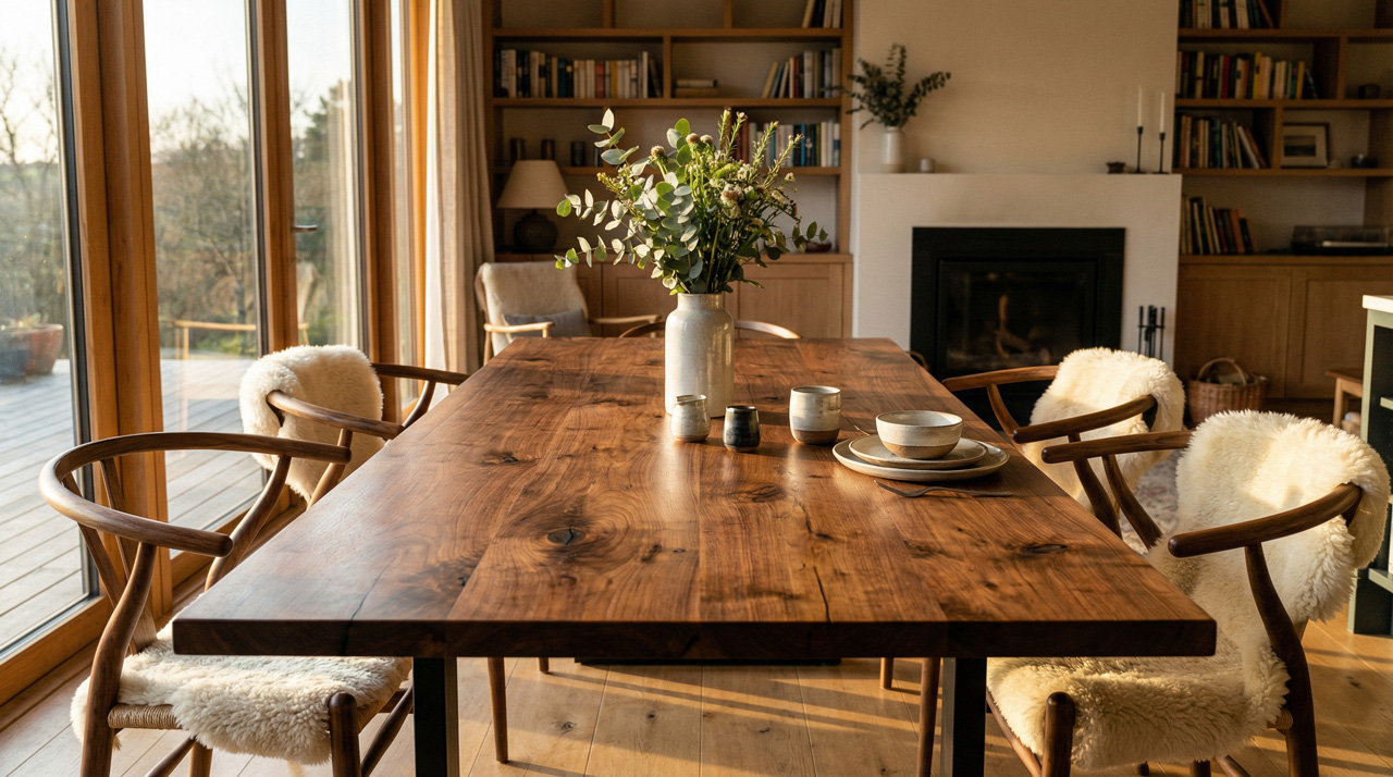 یک عکس واقع‌گرایانه با زاویه دید عریض از یک میز ناهارخوری گردوی دست‌ساز درون یک اتاق ناهارخوری مدرن. نور خورشید در ساعت طلایی از طریق پنجره‌های قدی به داخل می‌تابید و سایه‌های ملایمی ایجاد می‌کند و بافت چوب تیره و گره‌های پیچیده سطح میز را برجسته می‌کرد. صندلی‌های چوبی زیبا در جای خود قرار گرفته بودند. گلدانی با شاخه‌های اکالیپتوس تازه روی آن. فضایی گرم، به سبک مجله طراحی داخلی، وضوح بالا، 8k، نورپردازی سینمایی