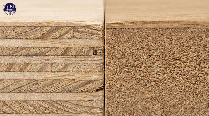 تصویری که ساختار داخلی چوب‌های مهندسی‌شده را نشان می‌دهد. در یک سمت، لایه‌های متقاطع پلای‌وود و در سمت دیگر، بافت فشرده و یکنواخت MDF که روی آن یک لایه نازک روکش چوب طبیعی چسبانده شده است.