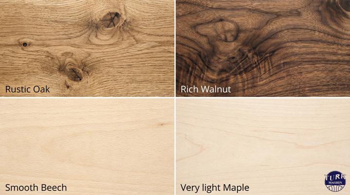 یک تصویر کلاژ که چهار نمونه از بافت و رنگ چوب‌های اصلی را از نمای نزدیک نشان می‌دهد: ۱. چوب بلوط با گره‌های مشخص، ۲. چوب گردو با رگه‌های تیره و زیبا، ۳. چوب راش با بافت یکنواخت و رنگ کرم، ۴. چوب افرا با رنگ بسیار روشن و بافت ریز.