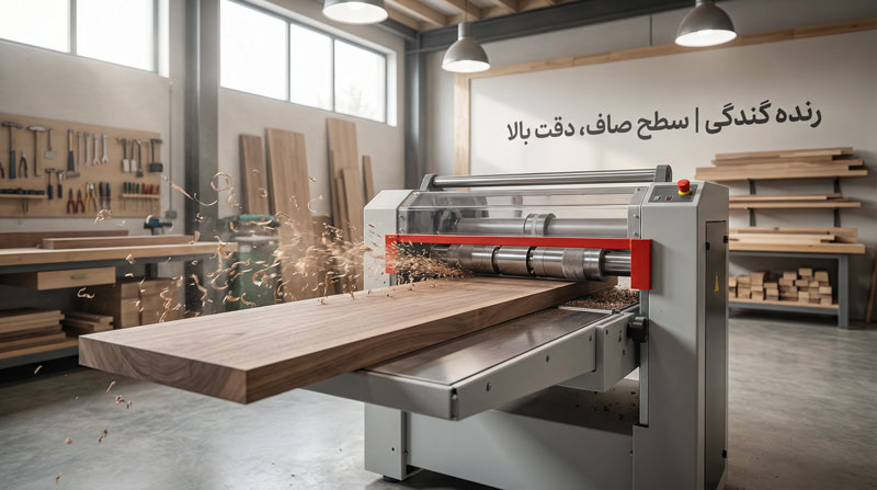 یک دستگاه رنده گندگی (Planer) در حال صاف کردن یک تخته چوب. تراشه‌های چوب از دستگاه خارج می‌شوند.