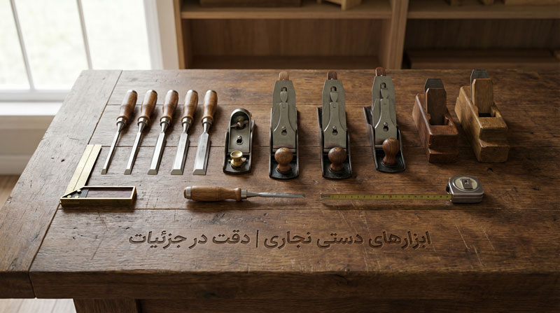 مجموعه‌ای از ابزارهای دستی نجاری شامل مغارها، رنده‌های دستی، گونیا و متر که به صورت منظم روی یک میز کار چوبی چیده شده‌اند.