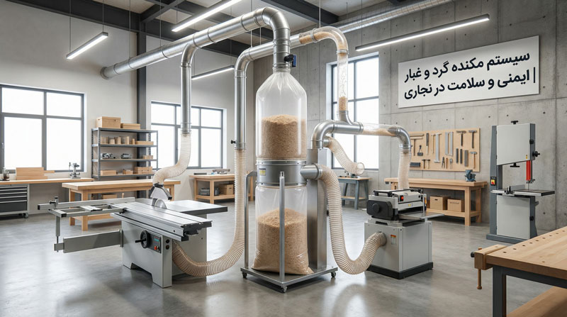 یک سیستم مکنده گرد و غبار (Dust Collector) بزرگ که به چند ماشین نجاری متصل شده است. کیسه جمع‌آوری گرد و غبار پر به نظر می‌رسد.