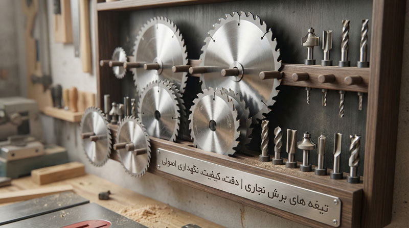 نمایی نزدیک از تیغه‌های اره میزی و تیغه‌های اور فرز که به صورت منظم در یک قفسه نگهداری می‌شوند. برخی از تیغه‌ها تازه و برخی کمی استفاده شده‌اند.