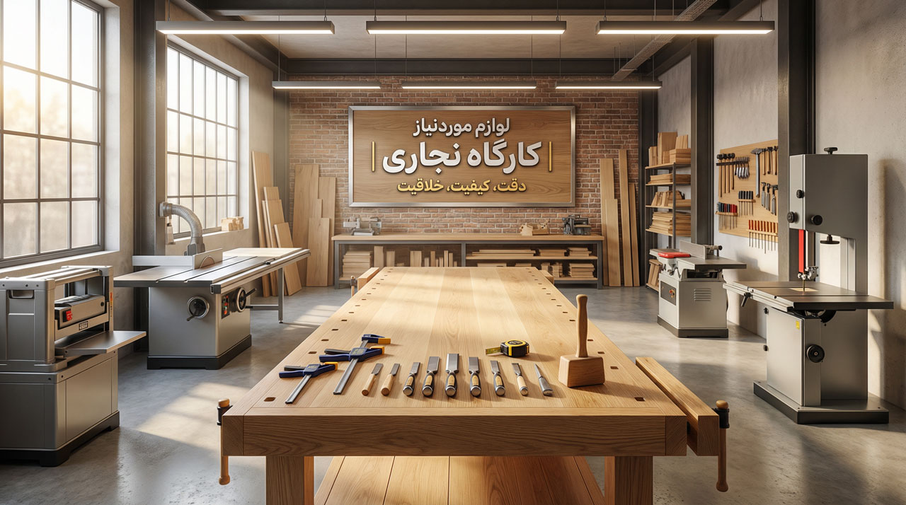 تصویری عریض و با کیفیت بالا از یک کارگاه نجاری مدرن و منظم. در تصویر، انواع ماشین آلات موردنیاز کارگاه نجاری مانند اره میزی، رنده گندگی، و اره نواری به همراه یک میز کار تمیز و تعدادی ابزار دستی روی آن دیده می‌شوند. نورپردازی خوب و فضای کافی برای حرکت در کارگاه مشهود است.